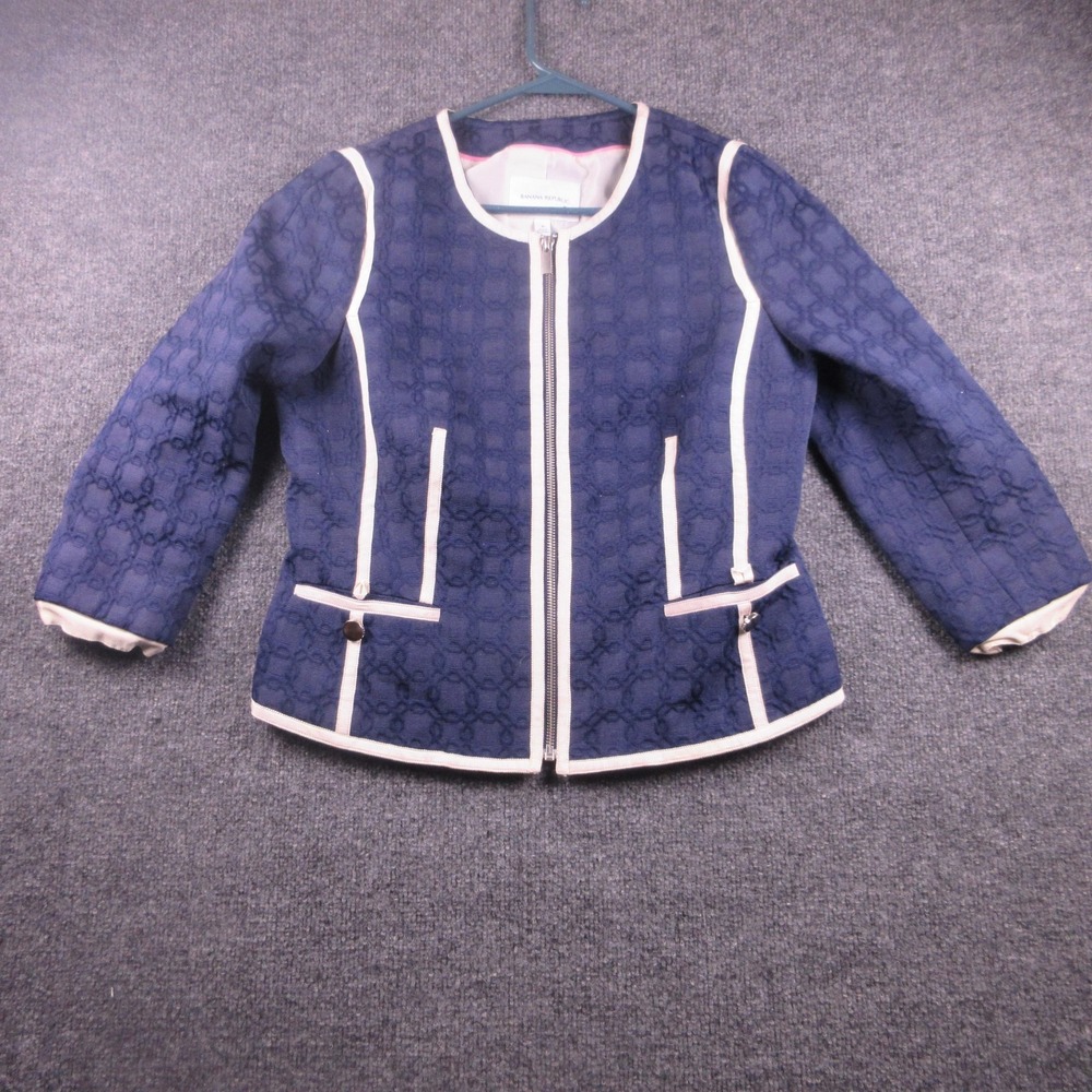 Banana Republic Jacket Womens 8 Blue Tweed Collarless Full Zip Contrast Trim